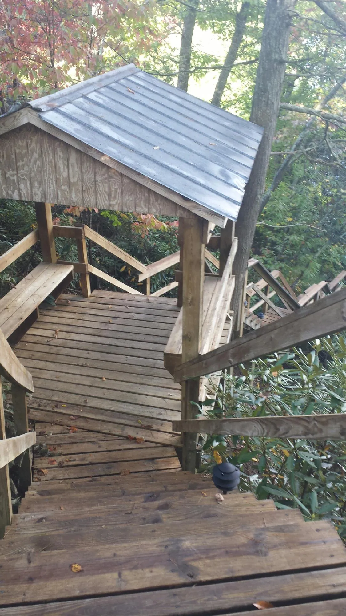 Metal roofed shelter over wooden steps on a wooded walkway — Skylight Repair & Installation work by our crew in Farnhamville